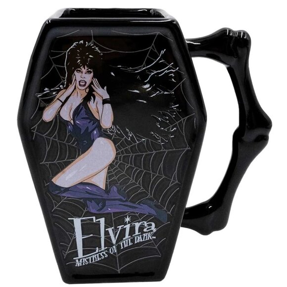 Elvira In Web Coffin Shaped Mug Coffee Cup Mistress of the Dark Kreepsville New - Picture 2 of 6